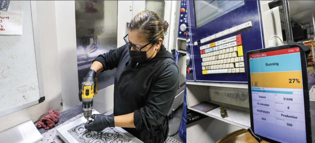 OperatorConnect is the part of FactorWiz’s collaborative atmosphere joining operators and management seamlessly. Each machine at Martinedale Manufacturing has a tablet showing the operator real time information and keeping them informed on company wide goals and tasks. Phase two implementation will have operators use the tablets to log and quantify downtime reasons. A couple of cool features in OperatorConnect are leaving virtual sticky notes and what they call Swarm. Shift one can leave a sticky note for the next shift giving them any information they might find useful and Swarm has the ability to crowd source information or advice from other operators.